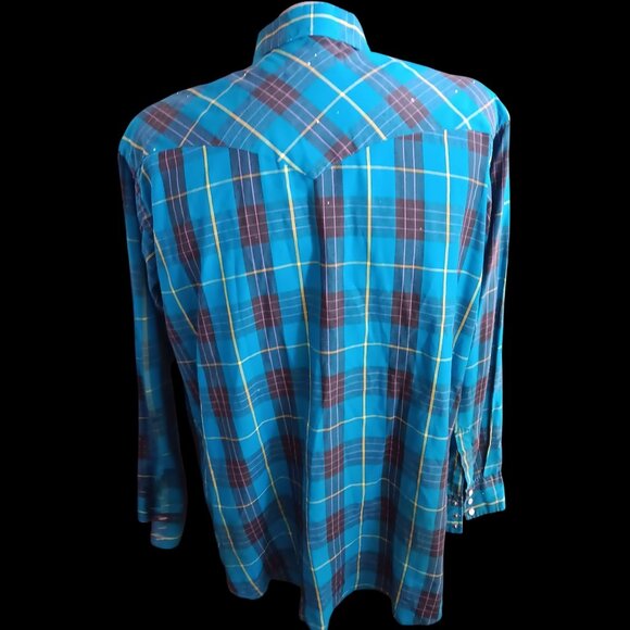 Vintage Mens Western Shirt XL Trashed Wrangler Plaid Snap 17.5x36 Long Tail 90s - Picture 7 of 8